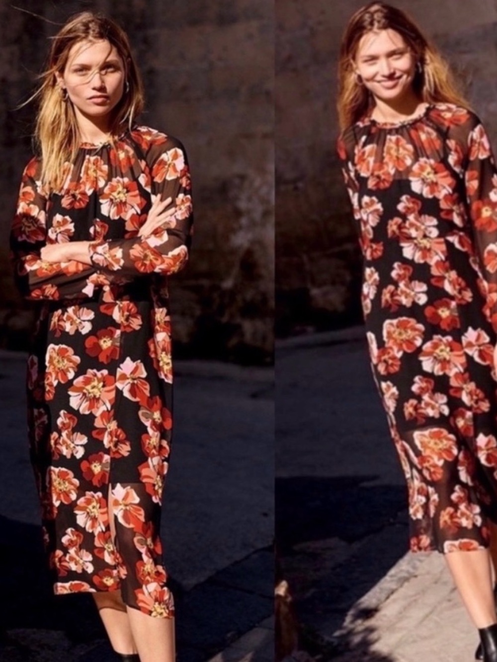 Madewell Black Midi Dress with Red and Orange Floral Print,Size XS